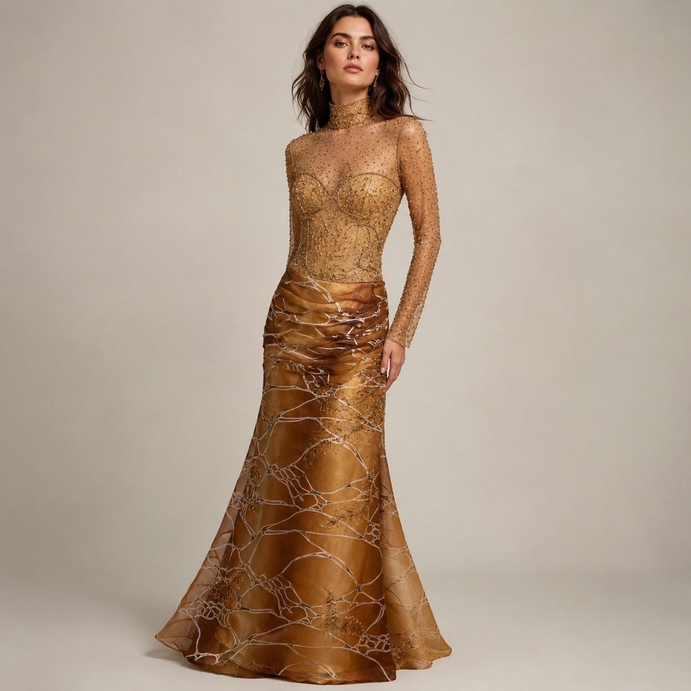 Sherry Couture Gown Women 8 Bronze Beaded Sheer Mesh Ruched Formal Pageant Prom